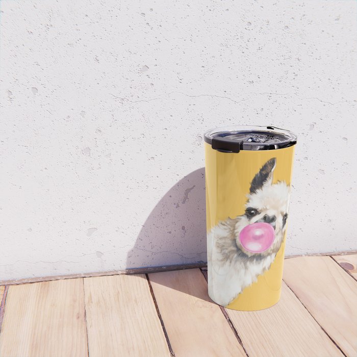 Bubble Gum Sneaky Llama in Yellow Travel Mug Gallery Image 4