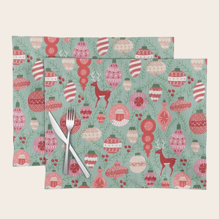 Mid-Century Ornaments in Red and Mint Placemat Gallery Image 1