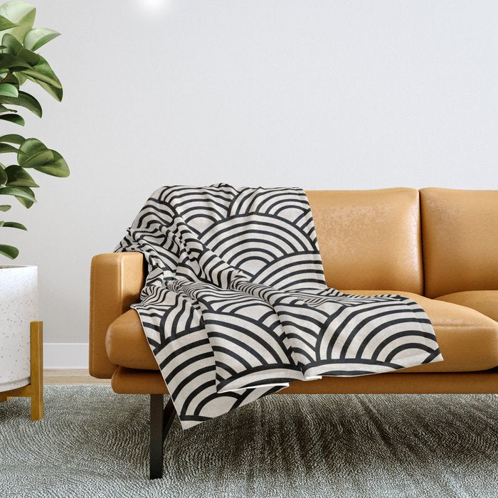 Black And Cream White Japanese Seigaiha Wave Throw Blanket Gallery Image 1