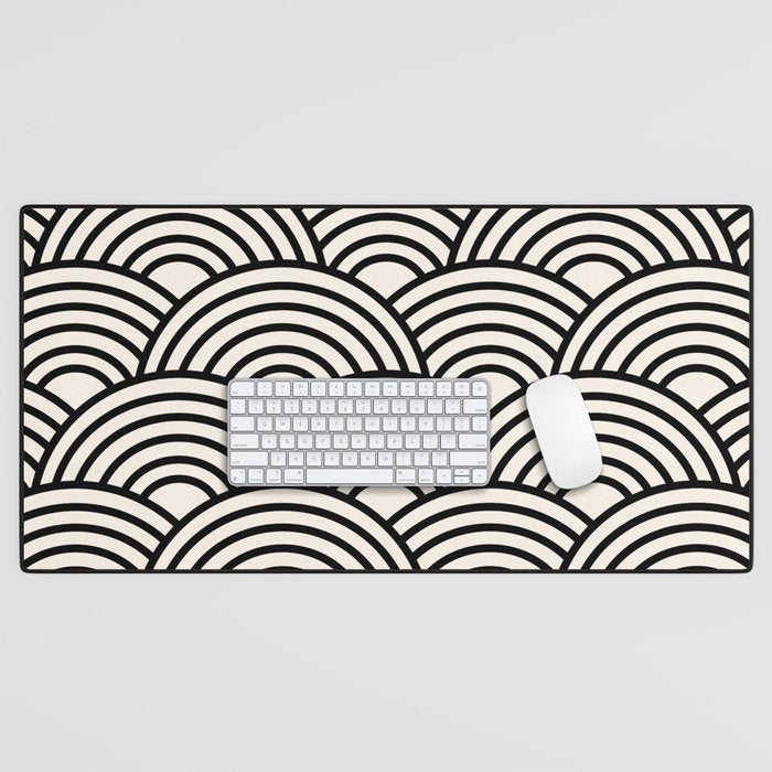Black And Cream White Japanese Seigaiha Wave Desk Mat Gallery Image 1
