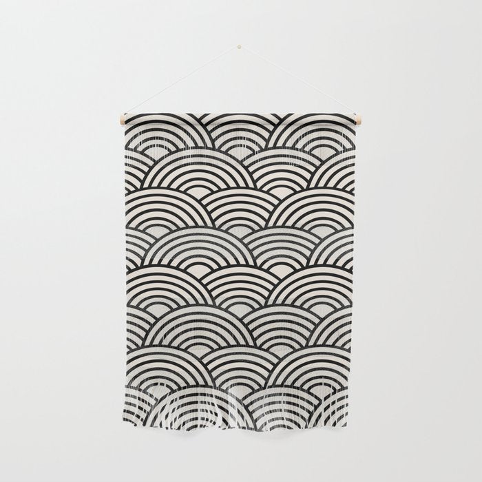 Black And Cream White Japanese Seigaiha Wave Wall Hanging Gallery Image 1