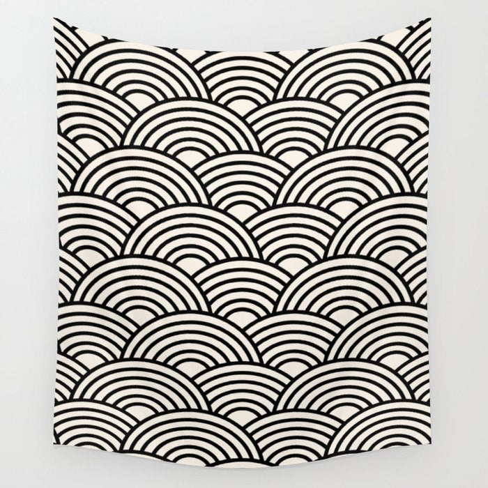 Black And Cream White Japanese Seigaiha Wave Wall Tapestry Gallery Image 4