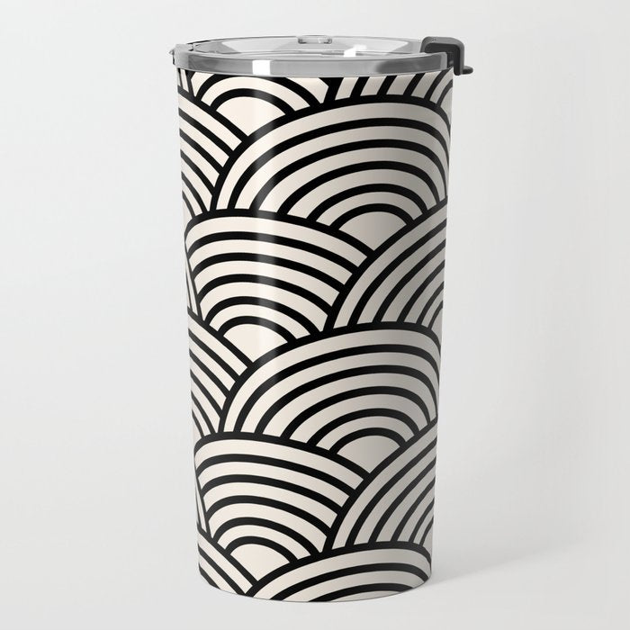 Black And Cream White Japanese Seigaiha Wave Travel Mug Gallery Image 2