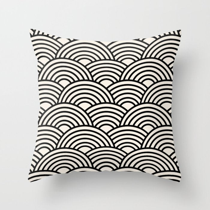 Black And Cream White Japanese Seigaiha Wave Throw Pillow Gallery Image 6