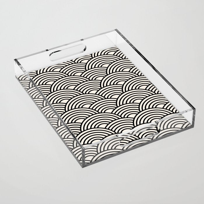 Black And Cream White Japanese Seigaiha Wave Acrylic Tray Gallery Image 1