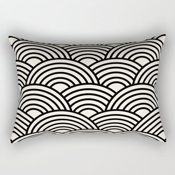 Black And Cream White Japanese Seigaiha Wave Rectangular Pillow Gallery Image 1