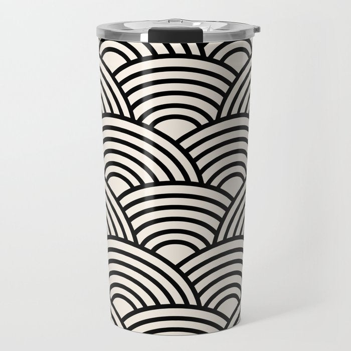 Black And Cream White Japanese Seigaiha Wave Travel Mug Gallery Image 1