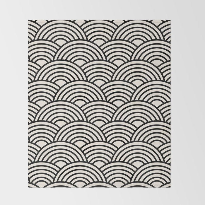 Black And Cream White Japanese Seigaiha Wave Throw Blanket Gallery Image 2