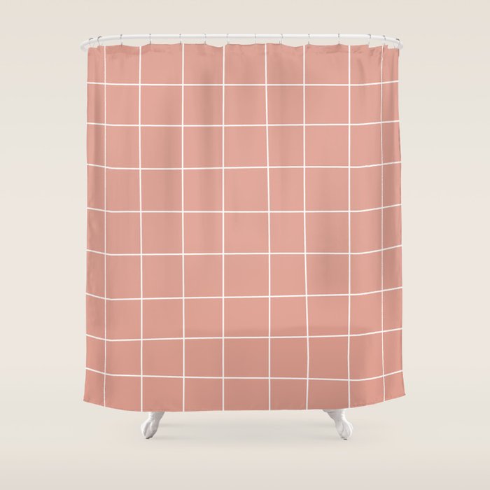 Hand Drawn Grid Pattern Peach Pink Shower Curtain Gallery Image 1