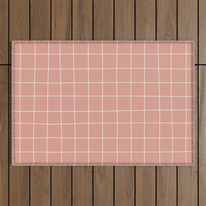 Hand Drawn Grid Pattern Peach Pink Outdoor Rug Gallery Image 1