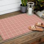 Hand Drawn Grid Pattern Peach Pink Outdoor Rug Gallery Image 2