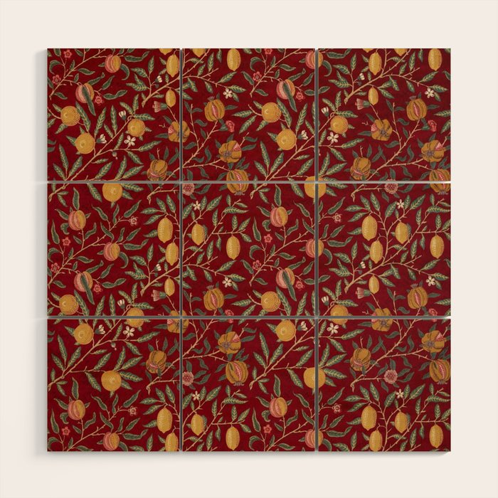 William Morris Vintage Pomegranate Fruit Red Madder Bayleaf Pattern Wood Wall Art Gallery Image 1