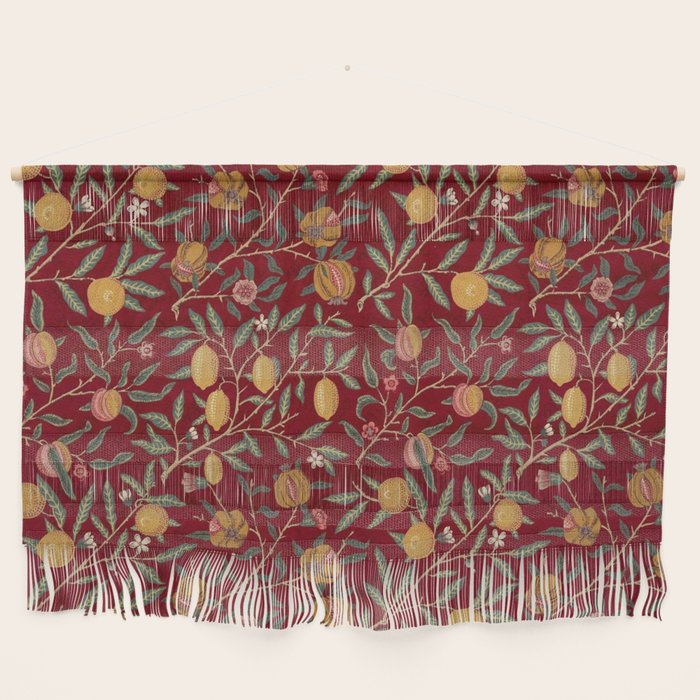 William Morris Vintage Pomegranate Fruit Red Madder Bayleaf Pattern Wall Hanging Gallery Image 1