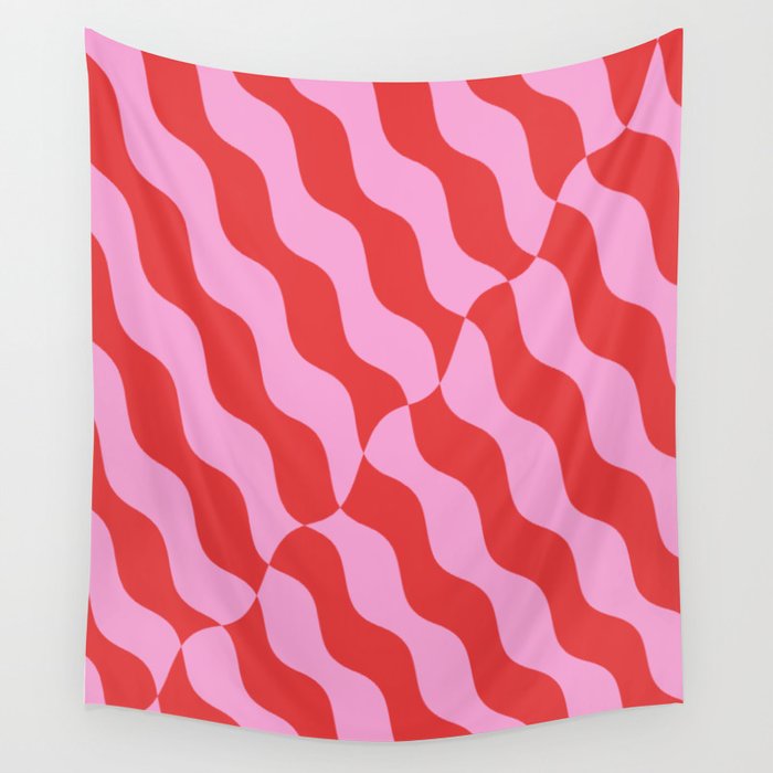 Retro Wavy Abstract Pattern in Red & Pink Wall Tapestry Gallery Image 1