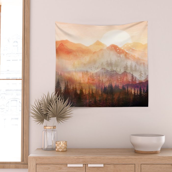 Forest Shrouded in Morning Mist Wall Tapestry Gallery Image 2