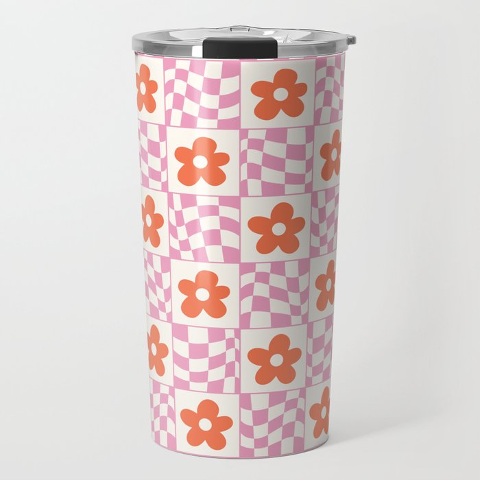 Orange Flower Pink & White Warped Double Checker Travel Mug Gallery Image 1