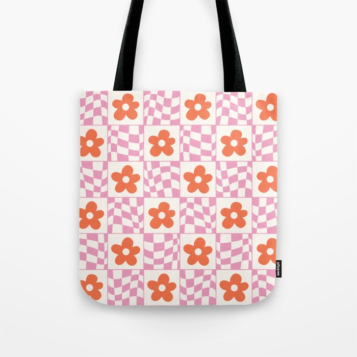 Orange Flower Pink & White Warped Double Checker Tote Bag Gallery Image 1