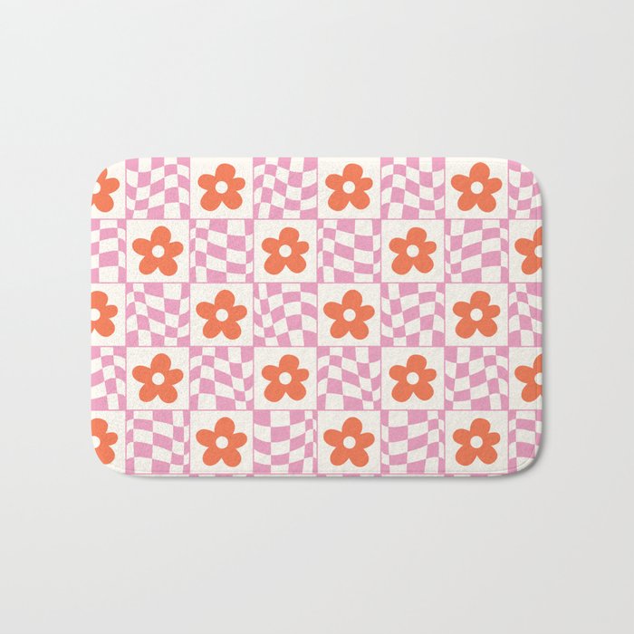 Orange Flower Pink & White Warped Double Checker Bath Mat Gallery Image 1