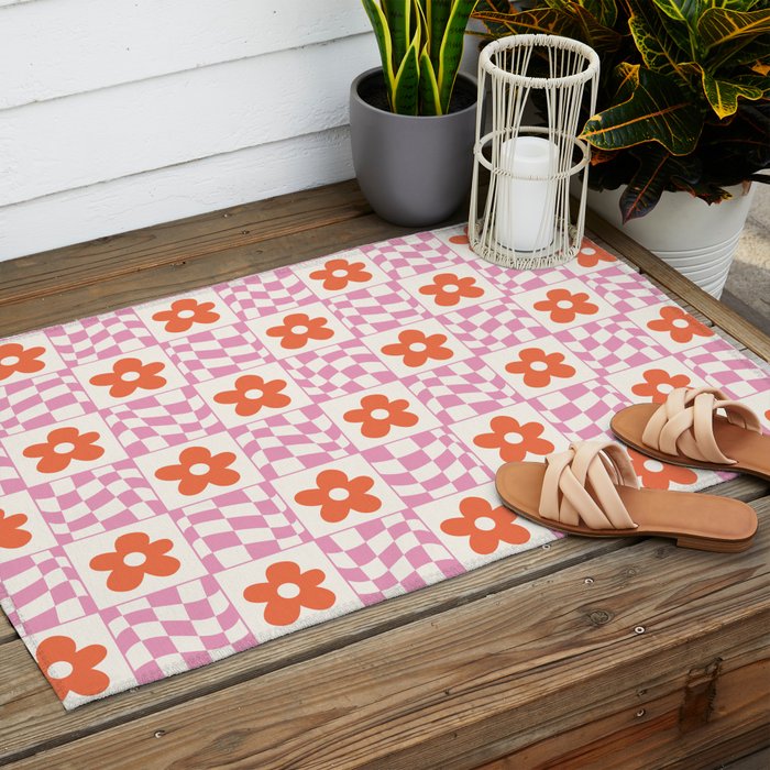 Orange Flower Pink & White Warped Double Checker Outdoor Rug Gallery Image 2