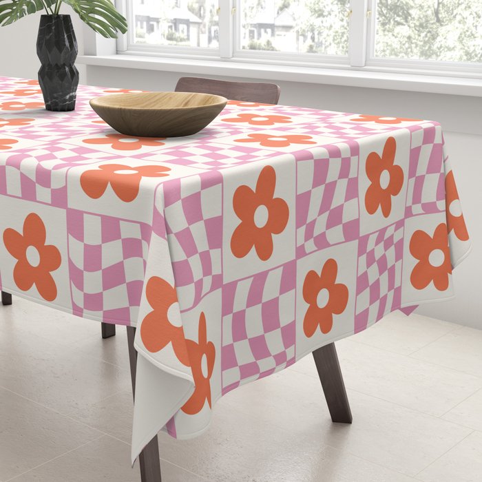 Orange Flower Pink & White Warped Double Checker Tablecloth Gallery Image 3