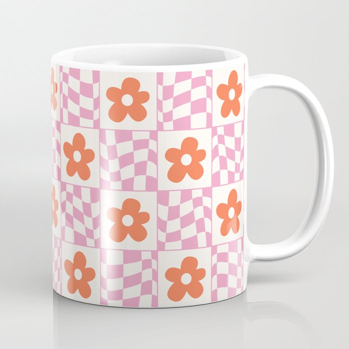 Orange Flower Pink & White Warped Double Checker Coffee Mug Gallery Image 1