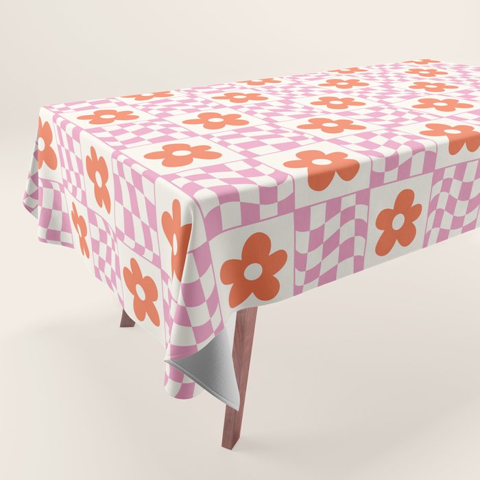 Orange Flower Pink & White Warped Double Checker Tablecloth Gallery Image 1