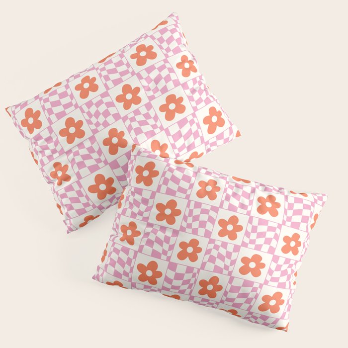 Orange Flower Pink & White Warped Double Checker Pillow Sham Gallery Image 1