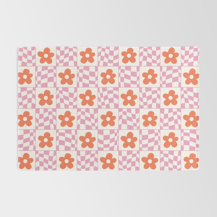 Orange Flower Pink & White Warped Double Checker Rug Gallery Image 2