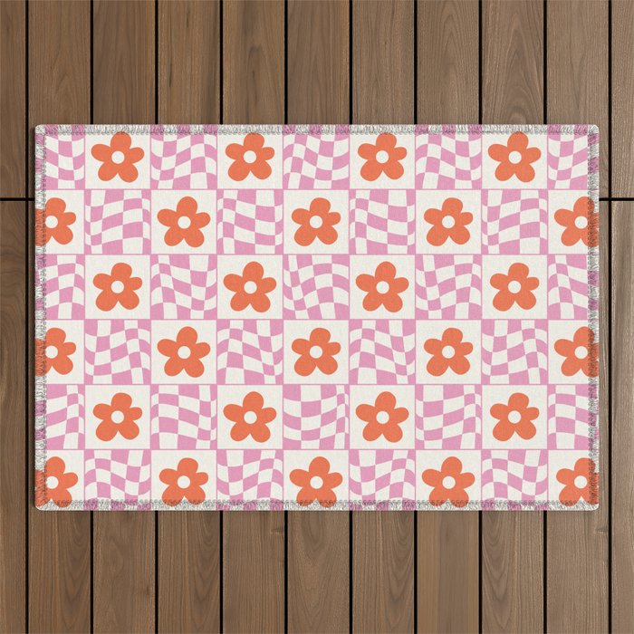 Orange Flower Pink & White Warped Double Checker Outdoor Rug Gallery Image 1