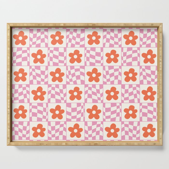 Orange Flower Pink & White Warped Double Checker Serving Tray Gallery Image 1