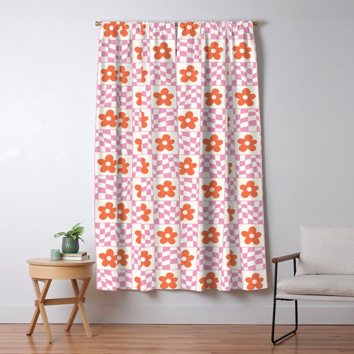 Orange Flower Pink & White Warped Double Checker Window Curtain Gallery Image 1