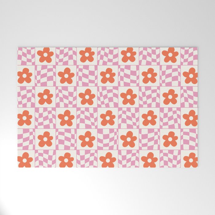 Orange Flower Pink & White Warped Double Checker Welcome Mat Gallery Image 1