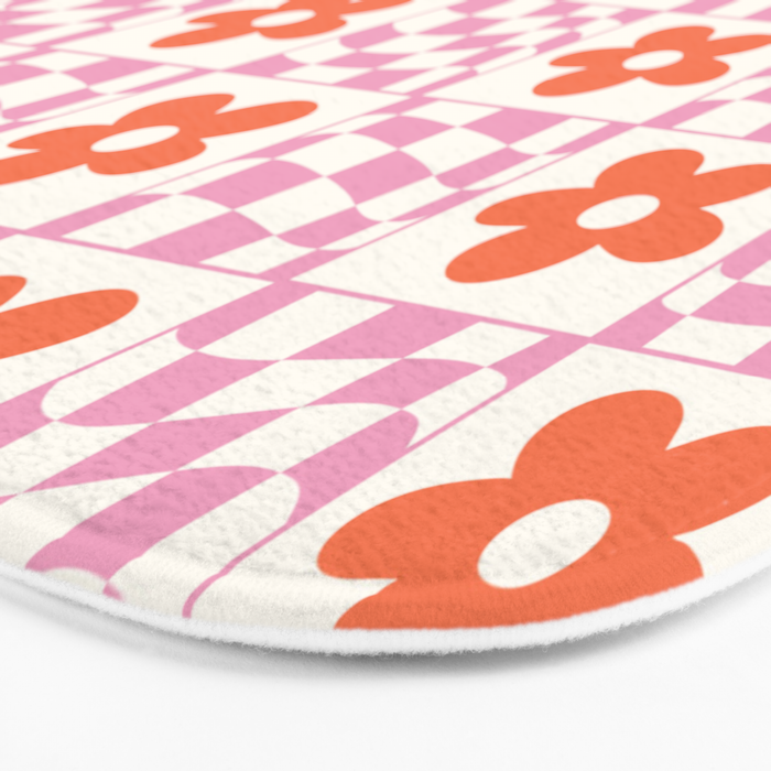 Orange Flower Pink & White Warped Double Checker Bath Mat Gallery Image 3