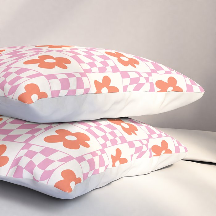 Orange Flower Pink & White Warped Double Checker Pillow Sham Gallery Image 3