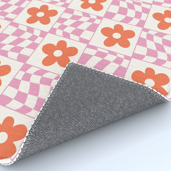 Orange Flower Pink & White Warped Double Checker Rug Gallery Image 4