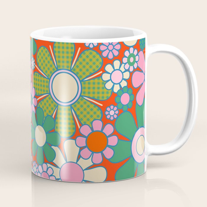 Retro Garden Gingham Flowers Vivid 60s 70s Floral Pattern Red Green Pink Coffee Mug Gallery Image 1