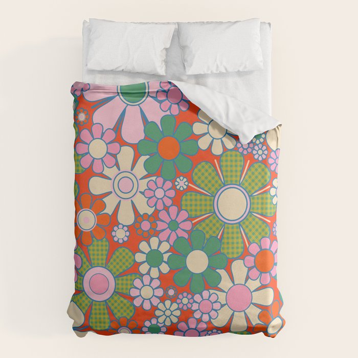 Retro Garden Gingham Flowers Vivid 60s 70s Floral Pattern Red Green Pink Duvet Cover Gallery Image 6