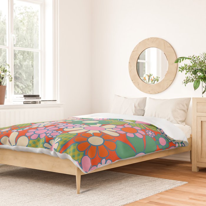 Retro Garden Gingham Flowers Vivid 60s 70s Floral Pattern Red Green Pink Duvet Cover Gallery Image 2