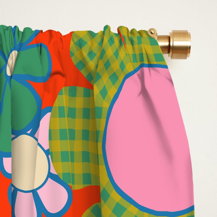 Retro Garden Gingham Flowers Vivid 60s 70s Floral Pattern Red Green Pink Window Curtain Gallery Image 2