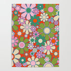 Retro Garden Gingham Flowers Vivid 60s 70s Floral Pattern Red Green Pink Poster Gallery Image 4