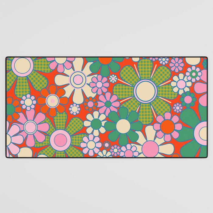 Retro Garden Gingham Flowers Vivid 60s 70s Floral Pattern Red Green Pink Desk Mat Gallery Image 3