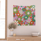 Retro Garden Gingham Flowers Vivid 60s 70s Floral Pattern Red Green Pink Wall Tapestry Gallery Image 2