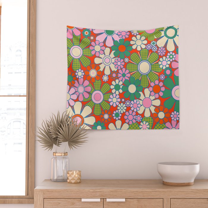 Retro Garden Gingham Flowers Vivid 60s 70s Floral Pattern Red Green Pink Wall Tapestry Gallery Image 2
