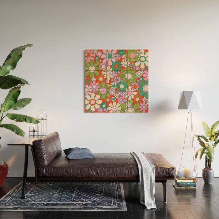 Retro Garden Gingham Flowers Vivid 60s 70s Floral Pattern Red Green Pink Wood Wall Art Gallery Image 2