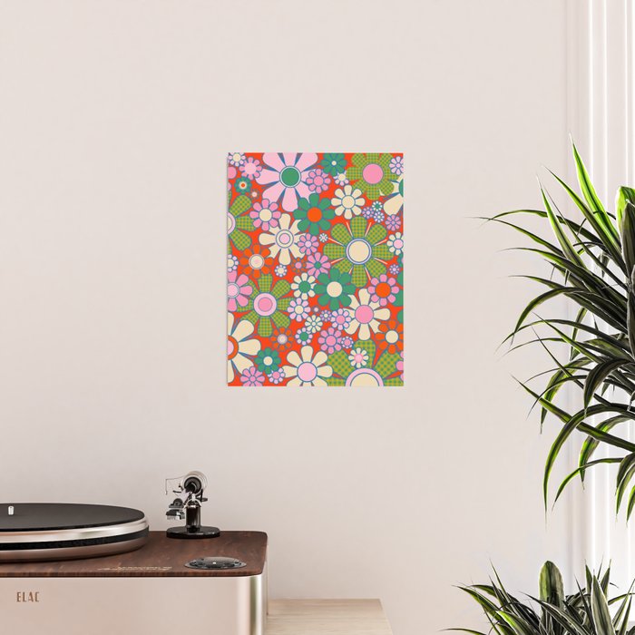 Retro Garden Gingham Flowers Vivid 60s 70s Floral Pattern Red Green Pink Poster Gallery Image 2