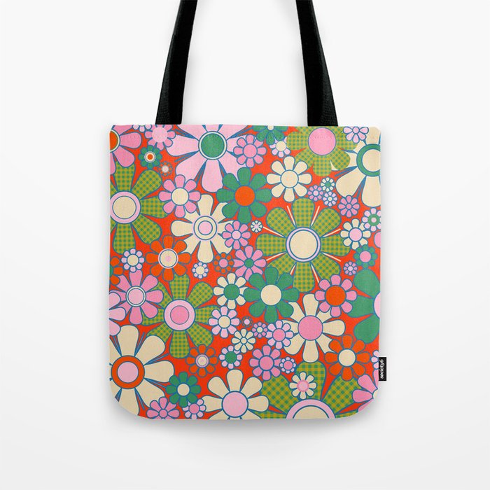 Retro Garden Gingham Flowers Vivid 60s 70s Floral Pattern Red Green Pink Tote Bag Gallery Image 1