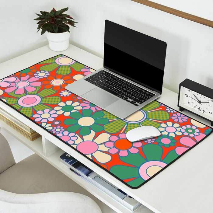 Retro Garden Gingham Flowers Vivid 60s 70s Floral Pattern Red Green Pink Desk Mat Gallery Image 2