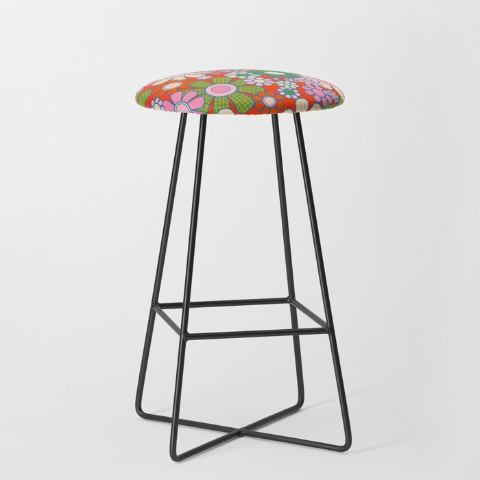 Retro Garden Gingham Flowers Vivid 60s 70s Floral Pattern Red Green Pink Stool Gallery Image 1