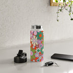 Retro Garden Gingham Flowers Vivid 60s 70s Floral Pattern Red Green Pink Water Bottle Gallery Image 4