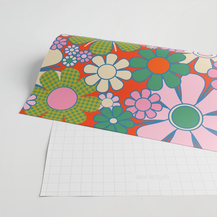 Retro Garden Gingham Flowers Vivid 60s 70s Floral Pattern Red Green Pink Wrapping Paper Gallery Image 2